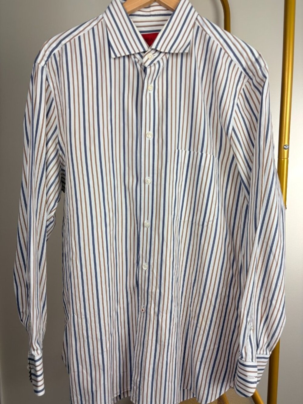 ISAIA *Gray & Brown Pinstripes* Dress Shirt 17 32/33